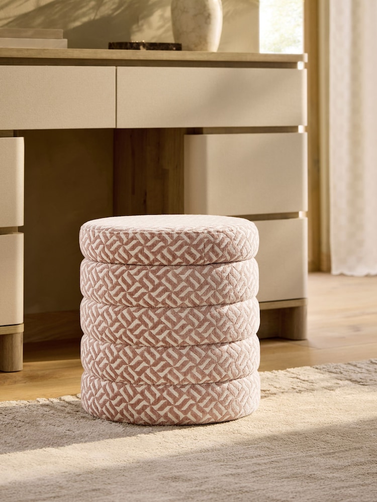 Linen Look Geo Blush Pink Stella Storage Round Stool - Image 1 of 4 Linen Look Geo Blush Pink Stella Storage Round Stool - Image 1 of 4