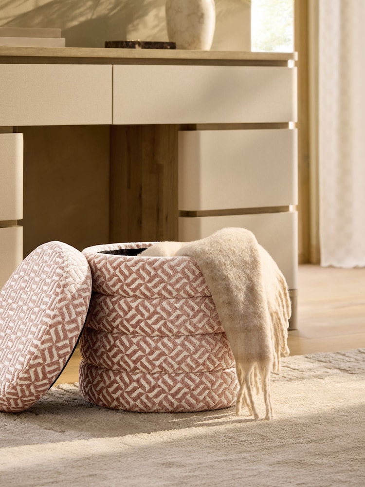 Linen Look Geo Blush Pink Stella Storage Round Stool - Image 2 of 4 Linen Look Geo Blush Pink Stella Storage Round Stool - Image 2 of 4