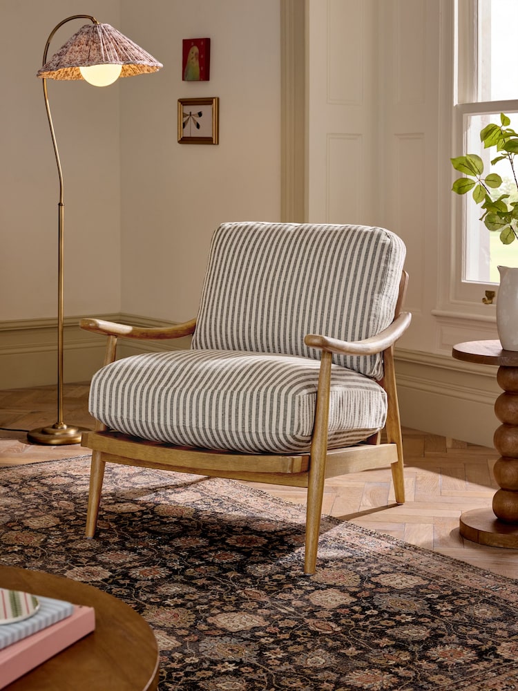 Chenille Stripe Moss Green Hampton Wooden Accent Chair - Image 1 of 6 Chenille Stripe Moss Green Hampton Wooden Accent Chair - Image 1 of 6