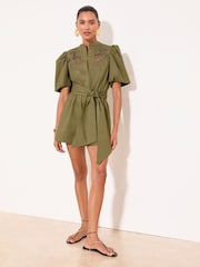 Lipsy Cutwork Pattern Puff Sleeve Belted Buttoned Playsuit - 圖片 1/5