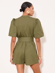 Lipsy Cutwork Pattern Puff Sleeve Belted Buttoned Playsuit - 圖片 4/5