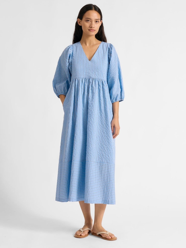 Albaray Blue Stripe V Neck Dress - Image 1 of 3 Albaray Blue Stripe V Neck Dress - Image 1 of 3