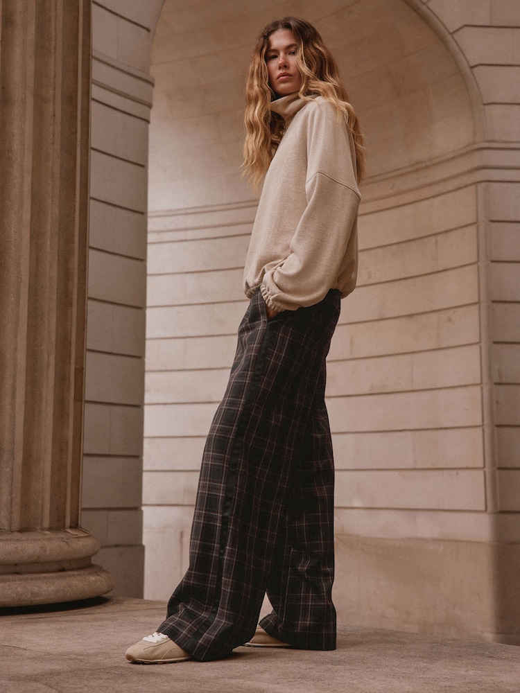 Black/Rust Check - Contrast Waistband Wide Leg Trousers - صورة 1 من 9 Black/Rust Check - Contrast Waistband Wide Leg Trousers - صورة 1 من 9