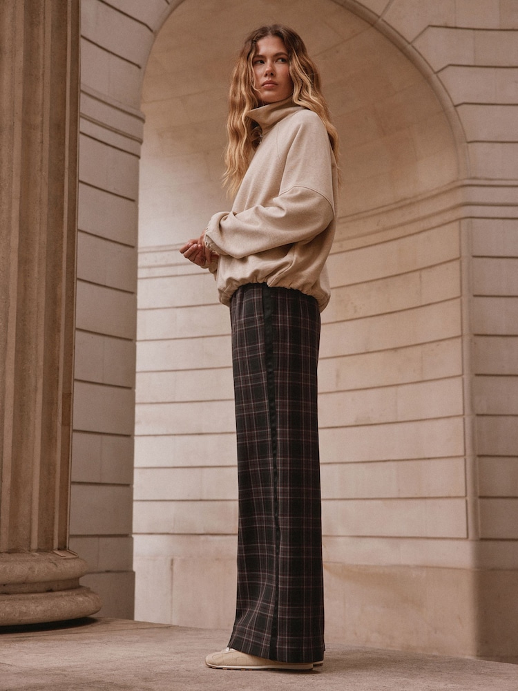 Black/Rust Check - Contrast Waistband Wide Leg Trousers - صورة 2 من 9 Black/Rust Check - Contrast Waistband Wide Leg Trousers - صورة 2 من 9