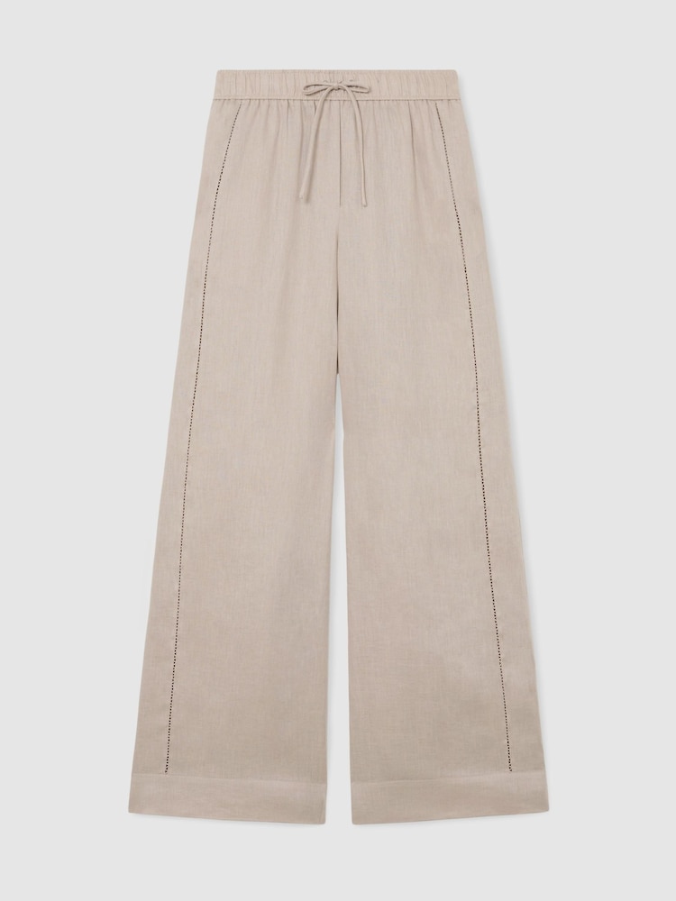 Reiss Neutral Riley Petite Linen Ladder-Embroidery Wide-Leg Trousers - Image 2 of 10