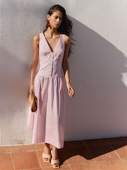 BHOEM Pink Poplin Cotton Gathering Waist Midi Dress - Image 1 of 5