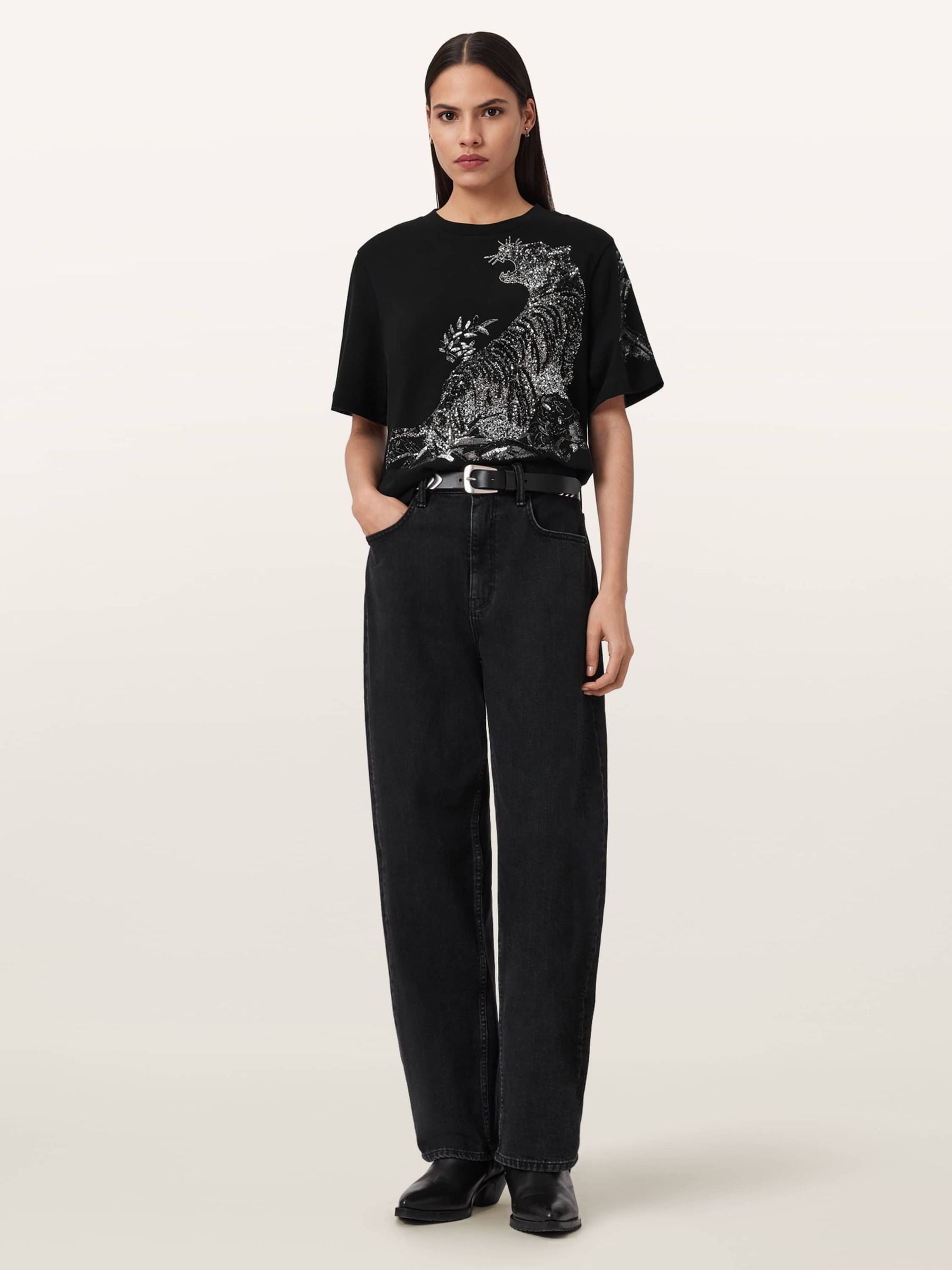 Buy AllSaints Black Pounce Lisa Sequin Tiger Embellished Cotton T