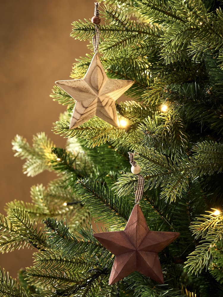 Set of 2 Brown Wooden Star Baubles - Image 1 of 4 Set of 2 Brown Wooden Star Baubles - Image 1 of 4