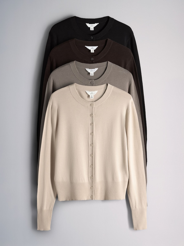 The Set 4 Pack Fine Knit Button Through Cardigans Black/Chocolate Brown/Cinder Brown/Light Grey - Image 1 of 7