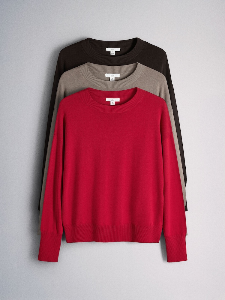 The Set 3 Pack 4 Pack Fine Knitted Crew Neck Jumpers Red/Light Brown/Chocolate Brown - Image 1 of 6 The Set 3 Pack 4 Pack Fine Knitted Crew Neck Jumpers Red/Light Brown/Chocolate Brown - Image 1 of 6