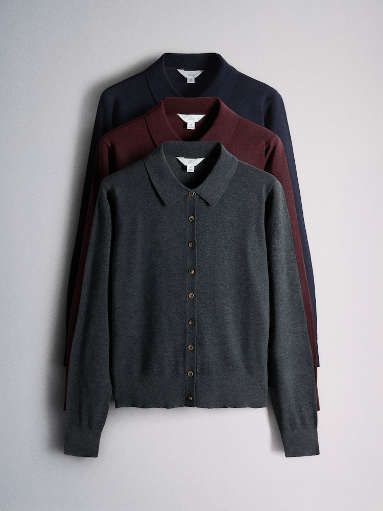 The Set 3 Pack Collared Cardigan With Wool Charcoal Grey/Navy Blue/Bugundy Red - Image 2 of 9