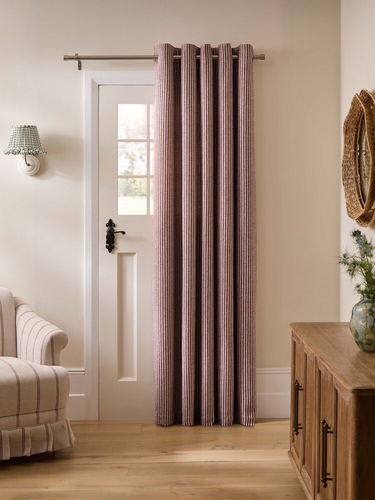 Burgundy Red Brushed Stripe Super Thermal Eyelet Door Curtain - Image 2 of 4