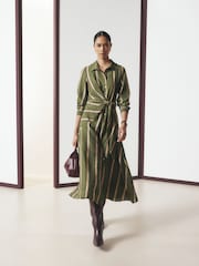 Green Stripe Long Sleeve Tie Waist Midi Shirt Dress - Image 1 of 5
