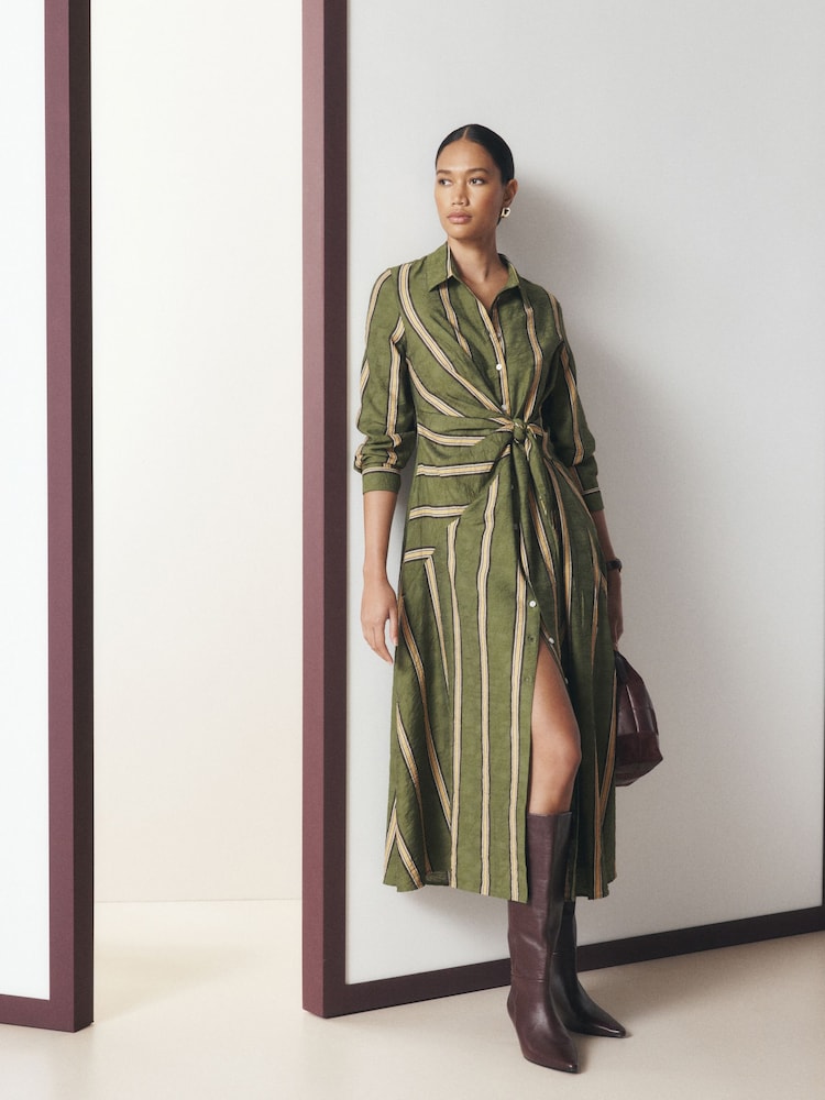 Green Stripe Long Sleeve Tie Waist Midi Shirt Dress - Image 2 of 5 Green Stripe Long Sleeve Tie Waist Midi Shirt Dress - Image 2 of 5