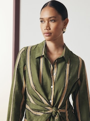 Green Stripe Long Sleeve Tie Waist Midi Shirt Dress - Image 4 of 5