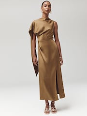 Bronze Textured Satin Scarf Midi Dress - Image 1 of 6