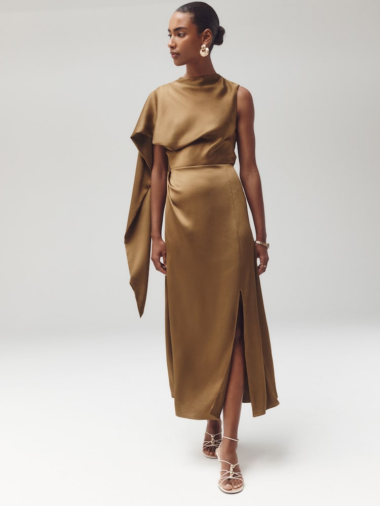 Bronze Textured Satin Scarf Midi Dress - Image 2 of 6 Bronze Textured Satin Scarf Midi Dress - Image 2 of 6