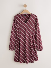 Burgundy Red Stripe Long Sleeve V-Neck Mini Dress - Image 1 of 3