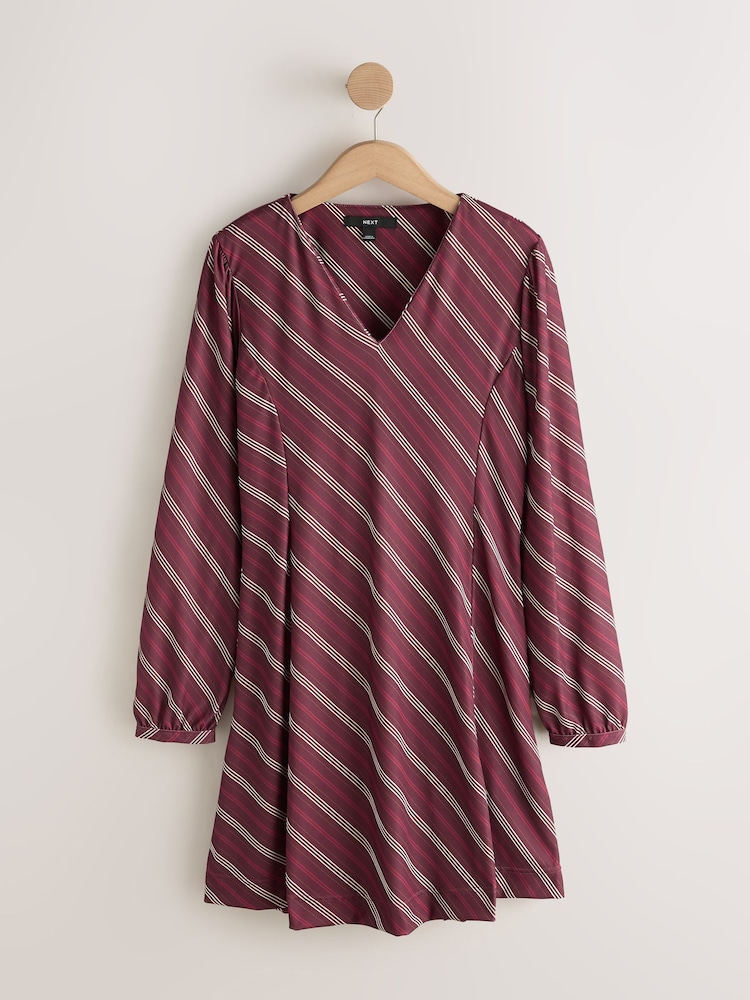 Burgundy Red Stripe Long Sleeve V-Neck Mini Dress - Image 1 of 3 Burgundy Red Stripe Long Sleeve V-Neck Mini Dress - Image 1 of 3