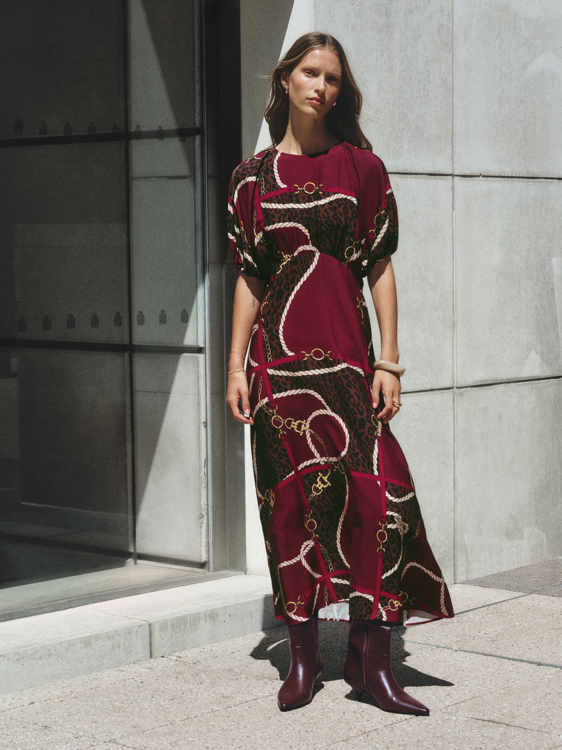 next burgundy dress Womens Red Chain/Animal Print Puff Sleeve Midi US 14 Color:Coral