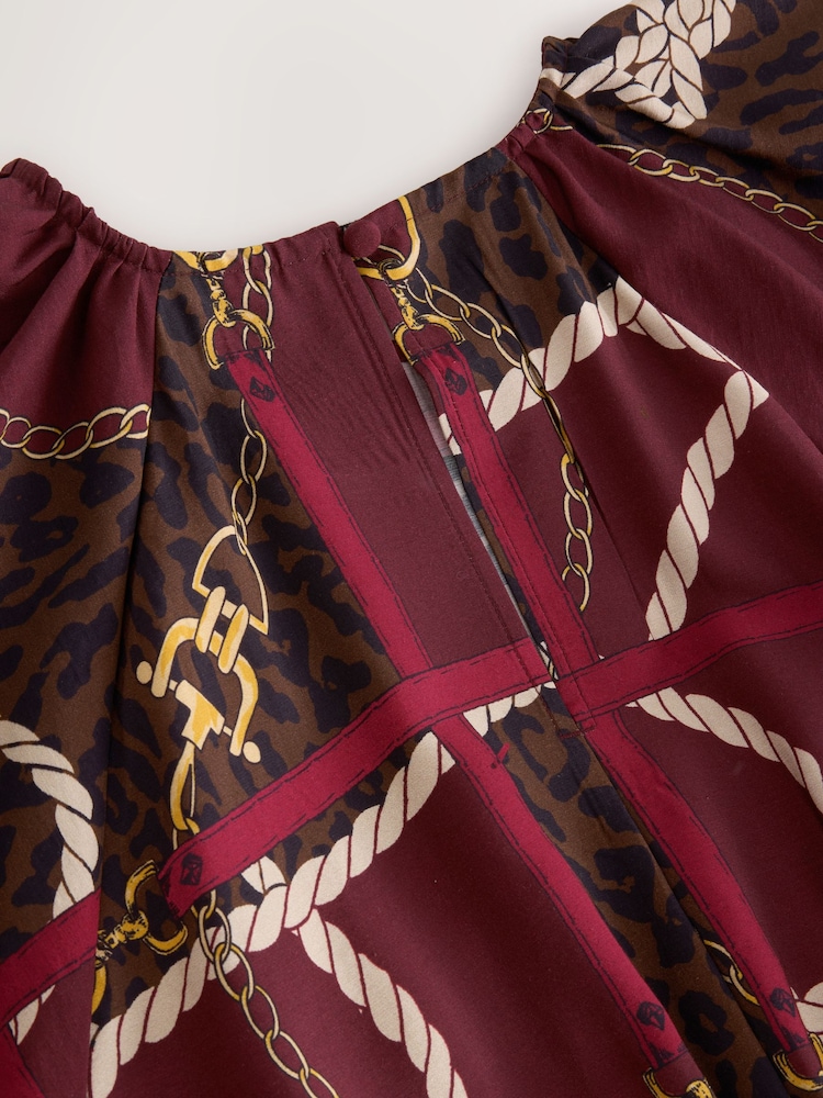 Burgundy Red Chain Print - 泡泡袖過膝洋裝 - 圖片 2/3