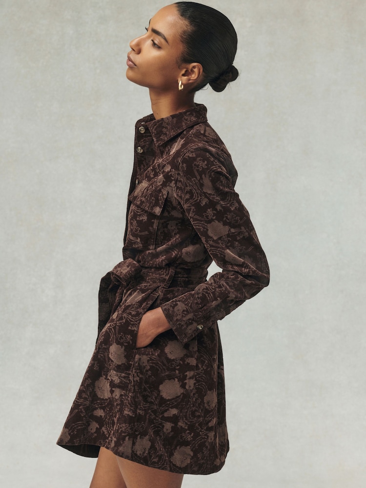 Brown Floral National Trust X Next Long Sleeve Cord Mini Shirt Dress - Image 1 of 6 Brown Floral National Trust X Next Long Sleeve Cord Mini Shirt Dress - Image 1 of 6