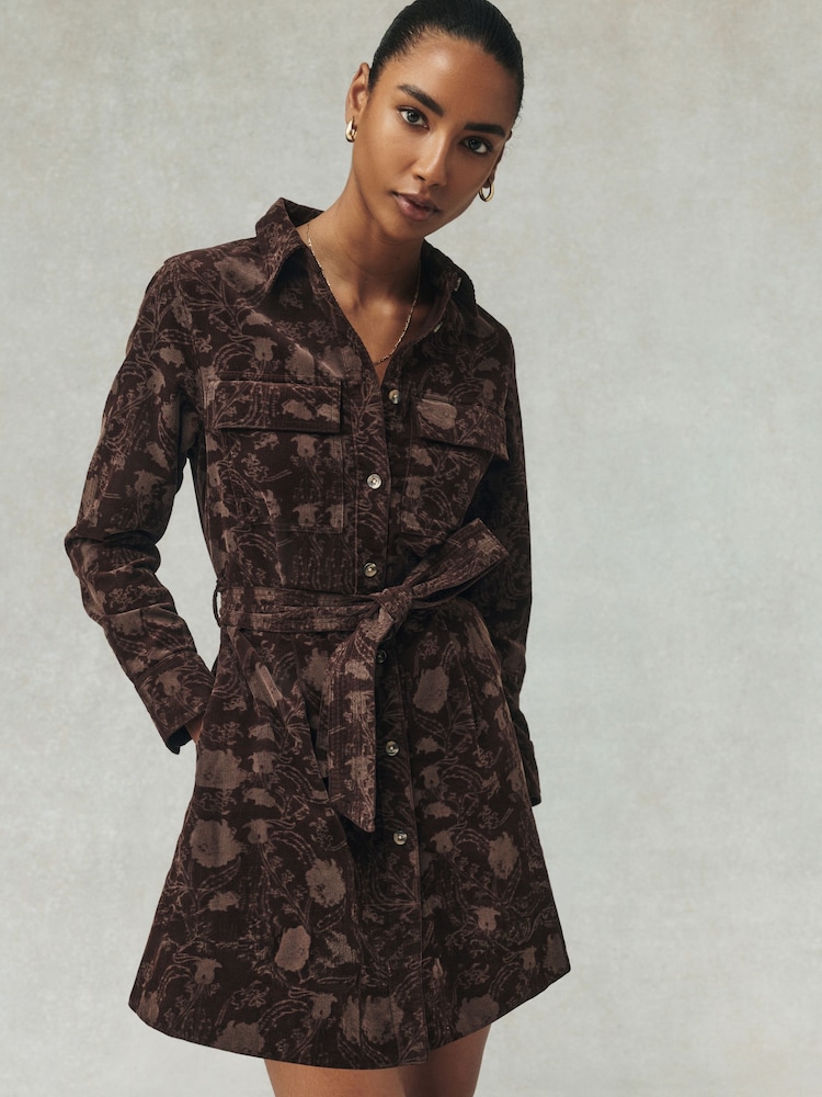 Brown Floral National Trust X Next Long Sleeve Cord Mini Shirt Dress - Image 2 of 6 Brown Floral National Trust X Next Long Sleeve Cord Mini Shirt Dress - Image 2 of 6