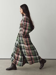 Green/Pink Check Long Sleeve Sqaure Neck Bow Midi Dress - Image 1 of 8