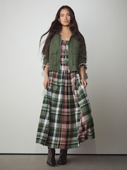 Green/Pink Check Long Sleeve Sqaure Neck Bow Midi Dress - Image 2 of 8