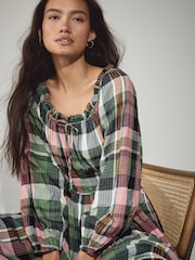 Green/Pink Check Long Sleeve Sqaure Neck Bow Midi Dress - Image 3 of 8