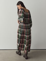Green/Pink Check Long Sleeve Sqaure Neck Bow Midi Dress - Image 4 of 8