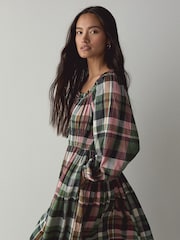 Green/Pink Check Long Sleeve Sqaure Neck Bow Midi Dress - Image 5 of 8