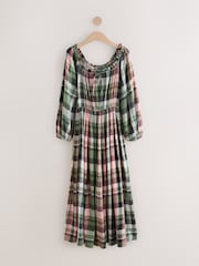 Green/Pink Check Long Sleeve Sqaure Neck Bow Midi Dress - Image 6 of 8