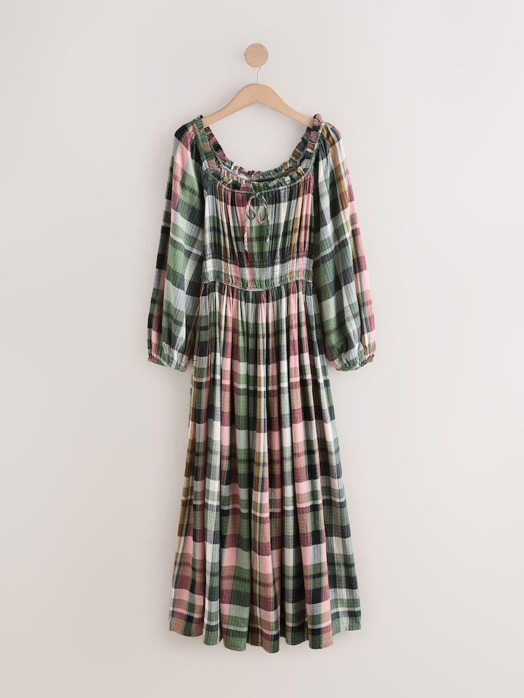 Buy Green/Pink Check Long Sleeve Square Neck Bow Midi Dress from Next USA