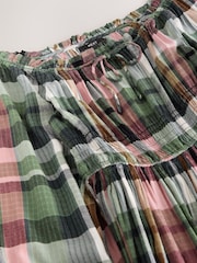 Green/Pink Check Long Sleeve Sqaure Neck Bow Midi Dress - Image 7 of 8