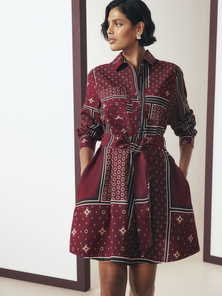 Burgundy Red Scarf Print Long Sleeve Tie Waist Shirt Dress - Image 1 of 8 Burgundy Red Scarf Print Long Sleeve Tie Waist Shirt Dress - Image 1 of 8