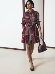 Burgundy Red Scarf Print Long Sleeve Tie Waist Shirt Dress - Image 2 of 8