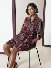 Burgundy Red Scarf Print Long Sleeve Tie Waist Shirt Dress - Image 3 of 8