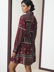 Burgundy Red Scarf Print Long Sleeve Tie Waist Shirt Dress - Image 4 of 8