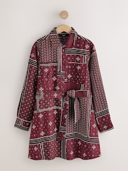 Burgundy Red Scarf Print Long Sleeve Tie Waist Shirt Dress - Image 6 of 8