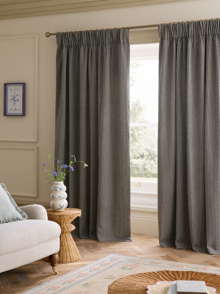 Navy Blue Brushed Stripe Lined Curtains - Image 2 of 6