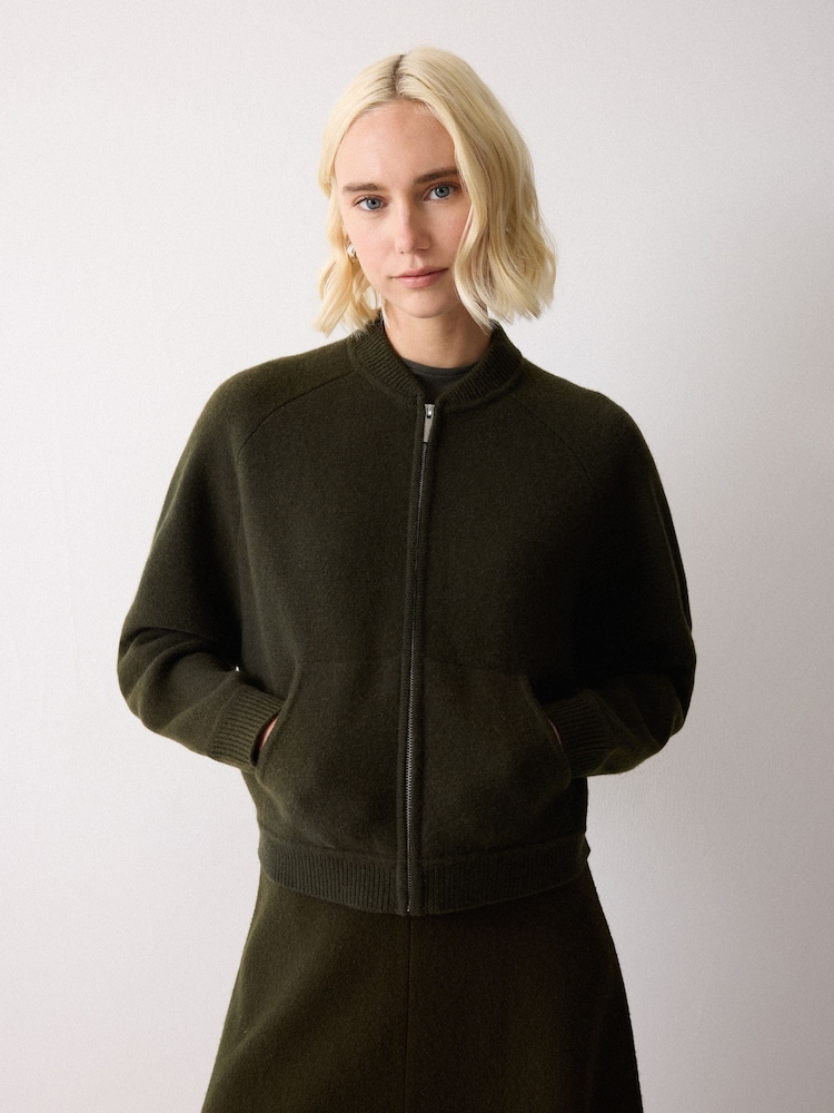 Jigsaw Green Knitted Bomber Jacket - Image 1 of 7 Jigsaw Green Knitted Bomber Jacket - Image 1 of 7