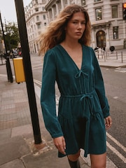 Teal Blue Long Sleeve V-Neck Tie Cord Mini Dress - Image 1 of 9