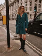 Teal Blue Long Sleeve V-Neck Tie Cord Mini Dress - Image 2 of 9