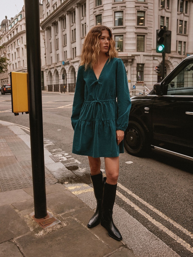 Teal Blue Long Sleeve V-Neck Tie Cord Mini Dress - Image 2 of 9 Teal Blue Long Sleeve V-Neck Tie Cord Mini Dress - Image 2 of 9