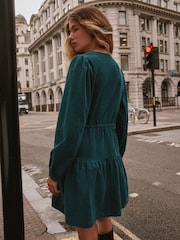 Teal Blue Long Sleeve V-Neck Tie Cord Mini Dress - Image 3 of 9