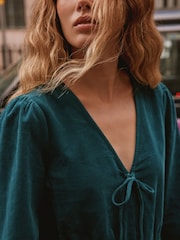 Teal Blue Long Sleeve V-Neck Tie Cord Mini Dress - Image 4 of 9