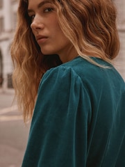 Teal Blue Long Sleeve V-Neck Tie Cord Mini Dress - Image 5 of 9
