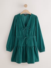 Teal Blue Long Sleeve V-Neck Tie Cord Mini Dress - Image 7 of 9