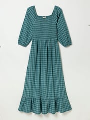FatFace Adele Teal Blue Check Petite Midi Dress - Image 1 of 5